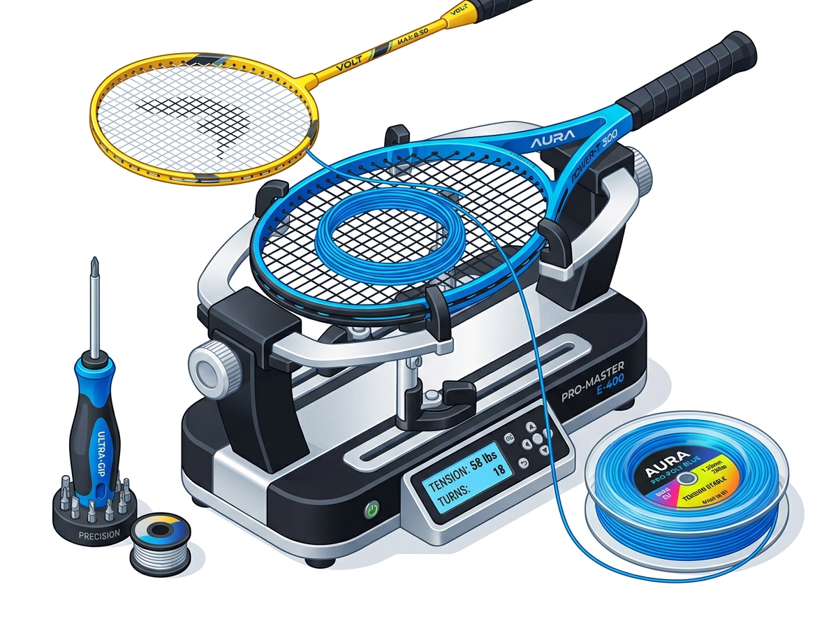 Racquet stringing machine and equipment repair